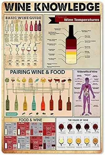Plaque murale décorative en métal 8x12 pouces : Guide d'étude du vigneron, Affiches de connaissances sur le vin, Résumé infographique du vin pour la maison, le club ou le bar