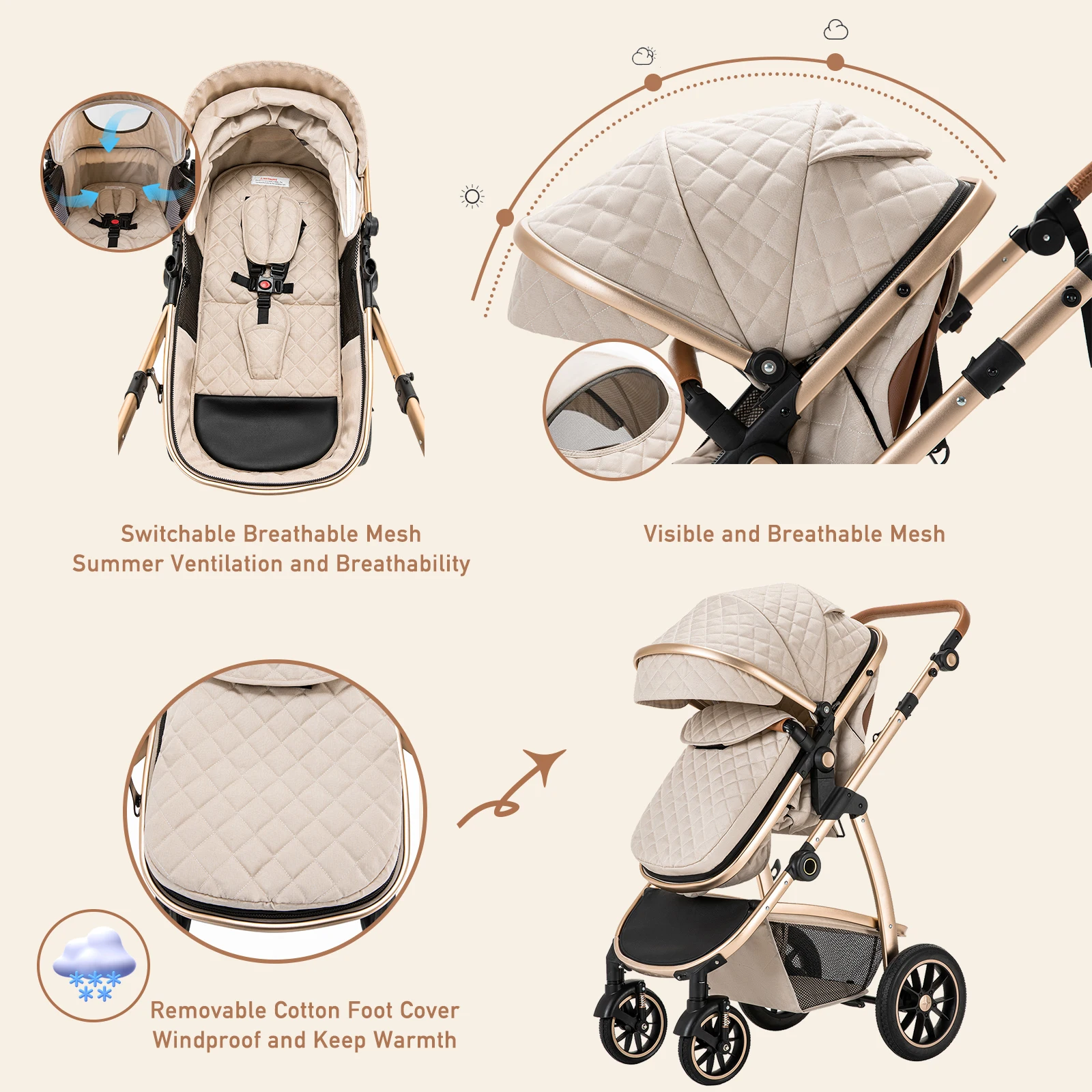 Luxurious Baby Stroller 3 in 1 Portable Travel Baby Carriage Folding Prams High Landscape Aluminum Frame Car for Newborn Baby