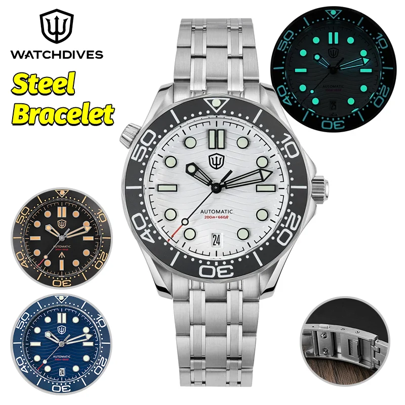 

Watchdives WD007ST Стальные механические часы NTTD NH35 Автоматические часы 200 м Водонепроницаемые сапфировые светящиеся 39 мм Винтажные часы в подарок