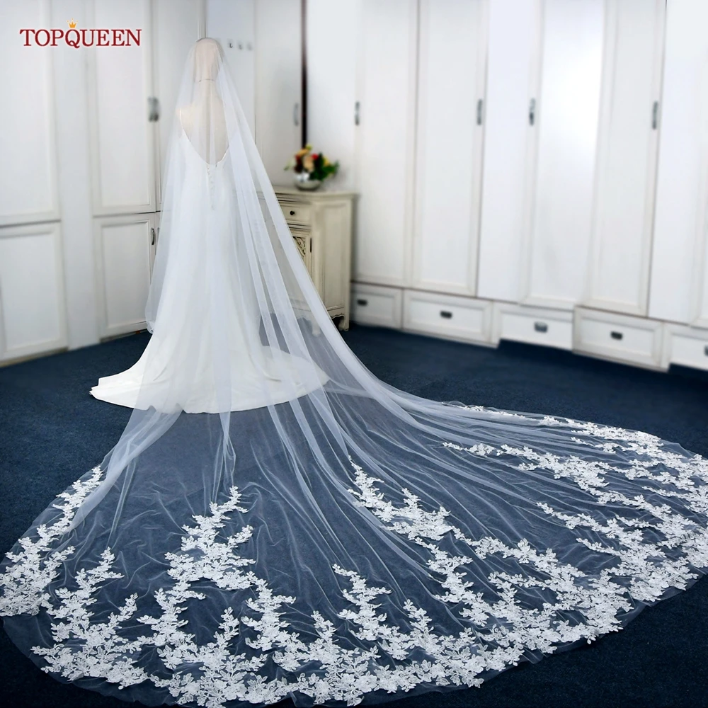 

TOPQUEEN V94 Long Wedding Veil 4 Meters Lace Edge Bridal Veils with Blusher Drop Veil Embroidered Cathedral Veil Lace Applique