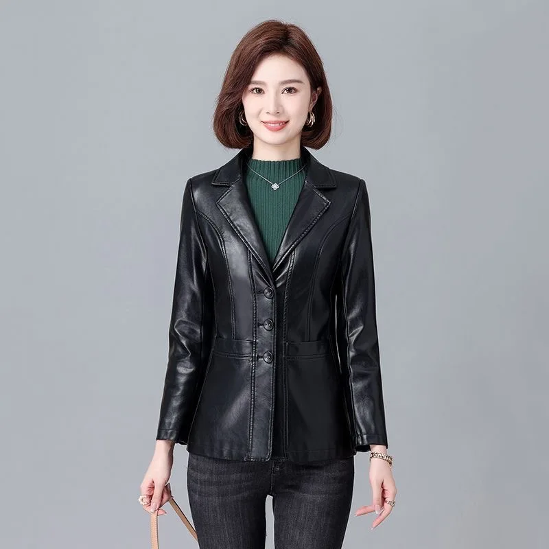 New Women Leather Jacket Spring Autumn Fashion Suit Collar Single Breasted Slim Blazer Solid Leather Long Sleeve Coat