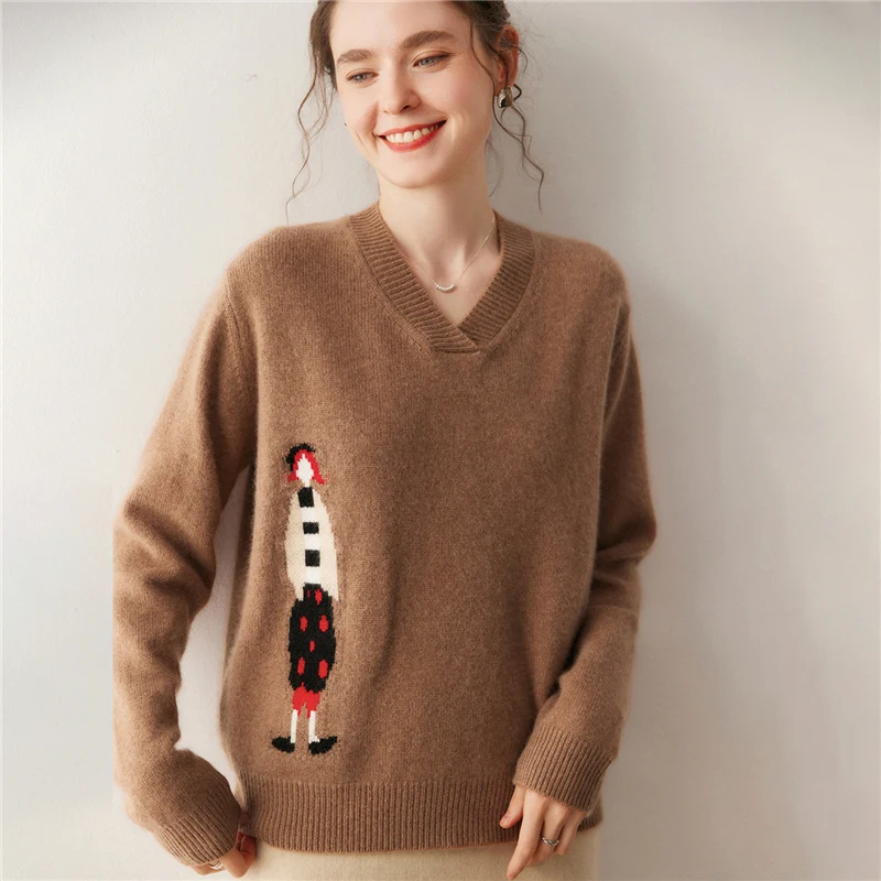 2025 outono/inverno nova camisola feminina 100% cashmere com decote em v de malha com capuz engrossado quente macio camisola com capuz feminino