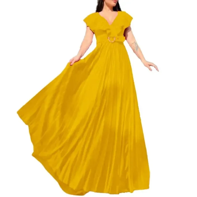 

D3159p Women's Clothing V-neck Solid Color Ruffle Edge Long Dress Belt Formal Dress