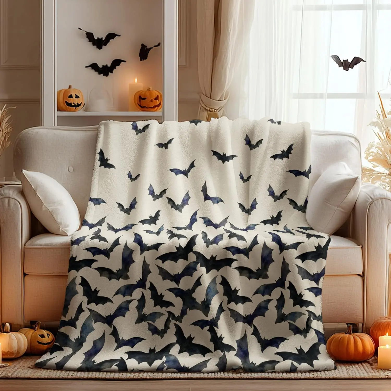 Horaldaily Halloween Flannel Throw Blanket Beige Bats Soft Fuzzy Plush Cozy Fleece for Couch Bed Lounging Perfect Gifts for Kids