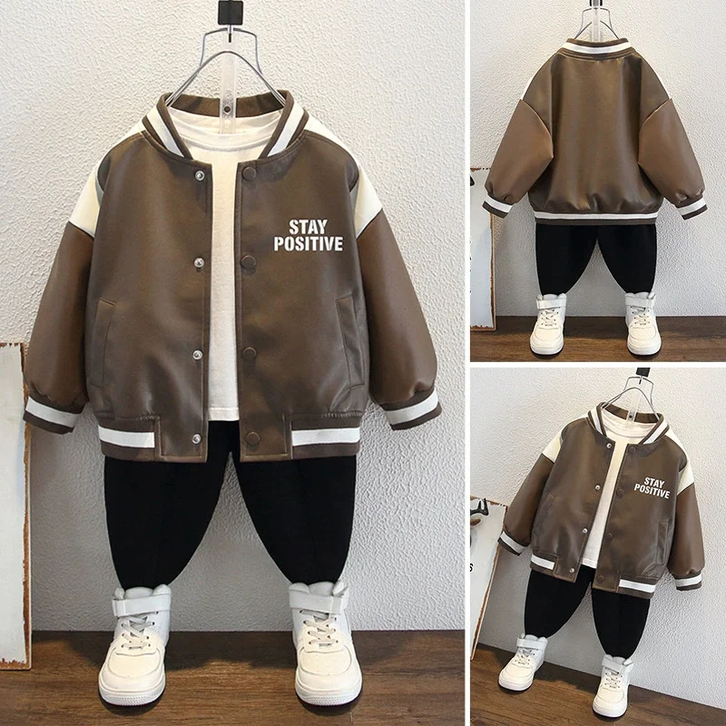 Children's Leather Jacket Boys Fashion Coat Autumn Kids Biker Colour Blocking Outerwear New Spring Baby Loose Casual Clothes