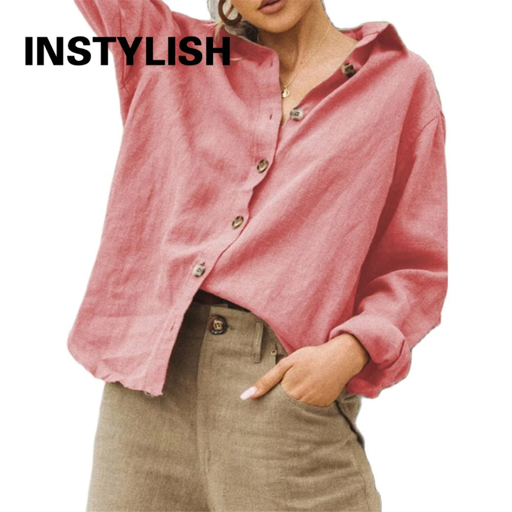 Casual Long Sleeve Cotton Linen Loose Women\'s Blouse  Elegant Solid Vintage Harajuku Button Up Shirt Streetwear Oversized Tops