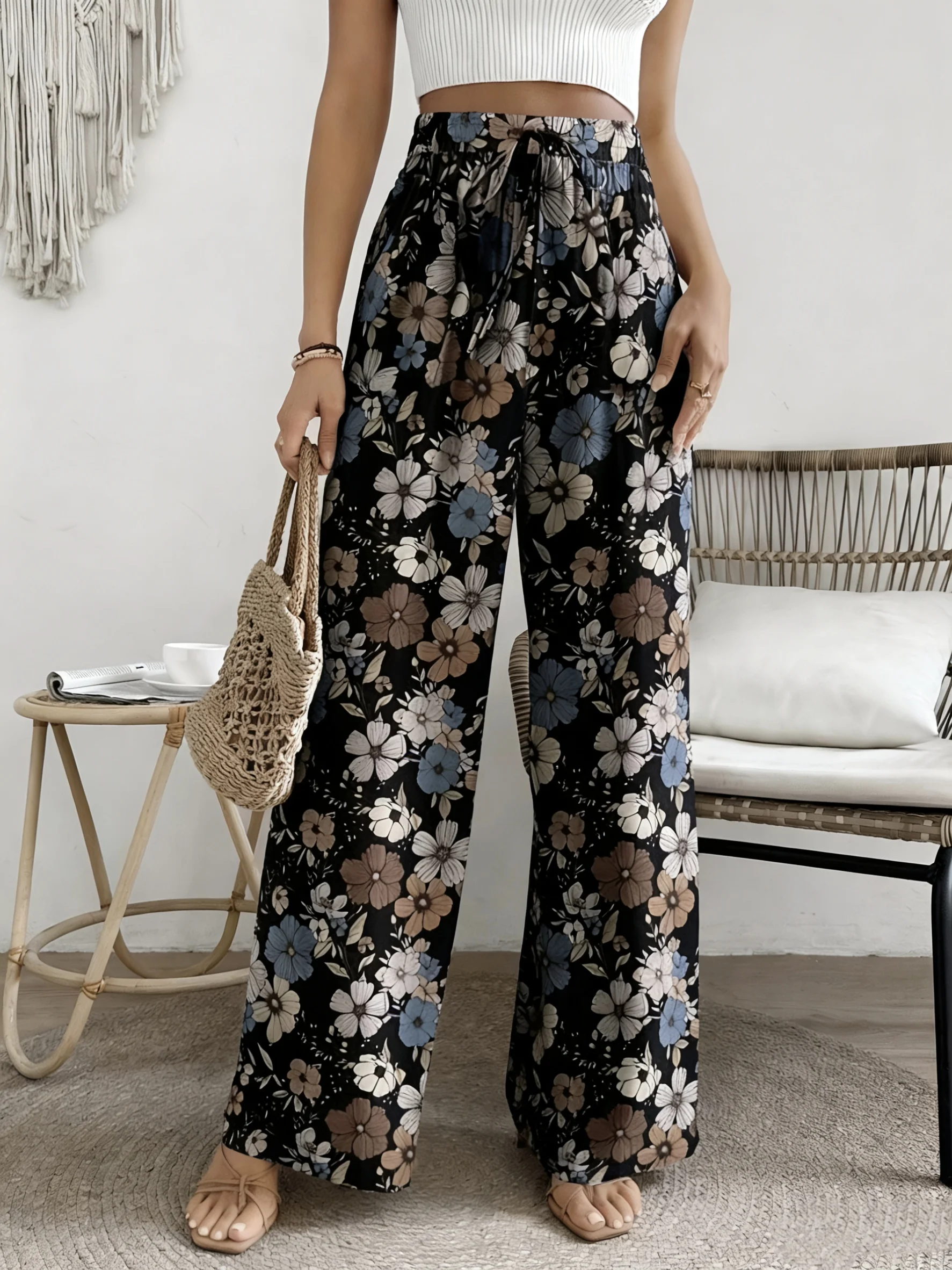 Didi Direction Plus Size Women'S Clothing Floral Pattern Summer High-Waist Drawstring Loose Casual Trousers