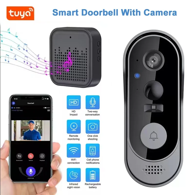 

Дверной звонок Tuya с камерой, беспроводной комплект, видеодверной звонок, WIFI HD, уличный телефон, дверной звонок, камера безопасности, видеодомофон, ИК-камера