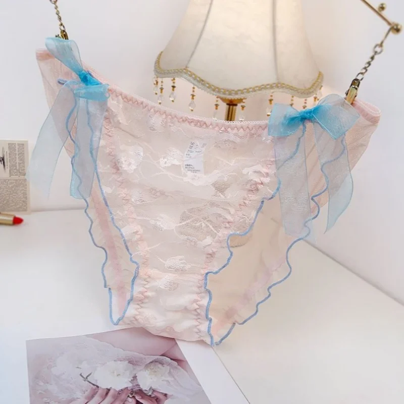 

Сексуальное милое удобное прозрачное сетчатое нижнее белье для пары, кружевные трусы с рюшами, милые эластичные трусы в стиле принцессы Лолиты со средней талией