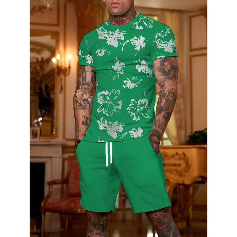 2025 Summer 3D Digital Printing Creative Casual Round Neck Short Sleeved Shorts Set Fashionable New Trend Retro Men's T-shirt