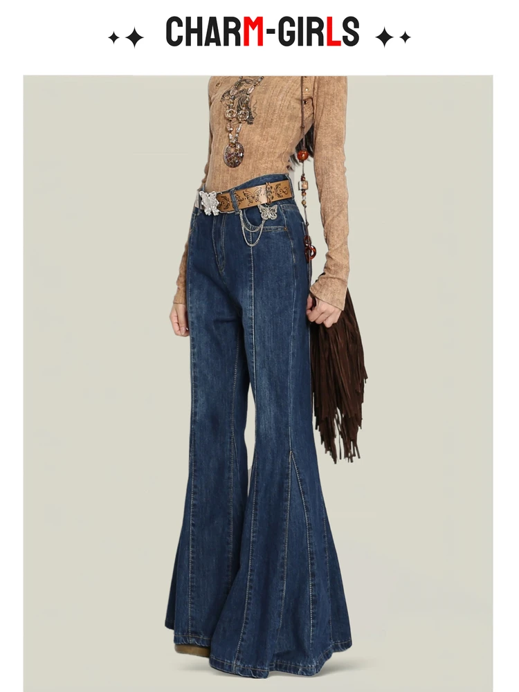 High Waist Bell Bottom Denim Jeans Women's Spicy Blue Retro Fish Tail Jeans Fall Season Poetic Chinese Actress Jeans