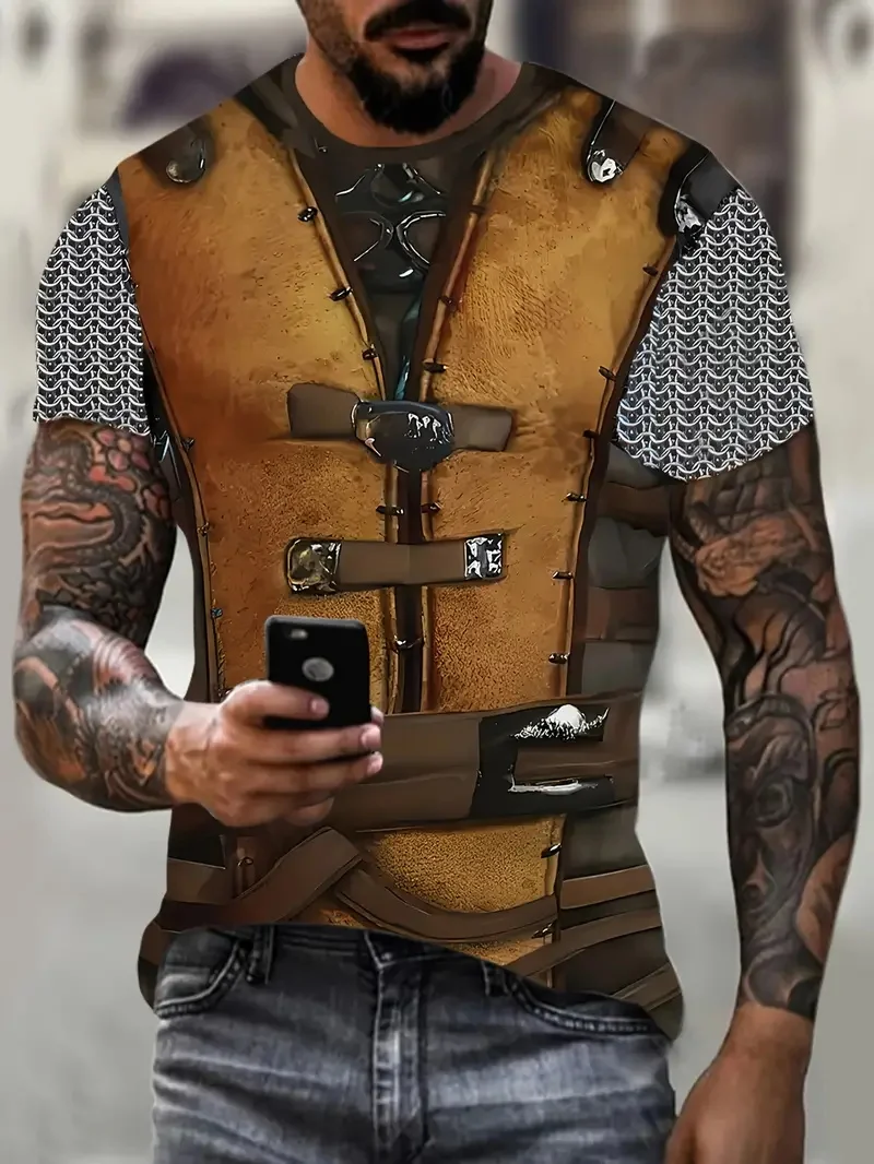 3D Print Medieval Knight Graphic T-Shirt For Men Stylish Crew Neck Short Sleeve Novel Pattern Tee Shirts Mens Cosplay Tshirts