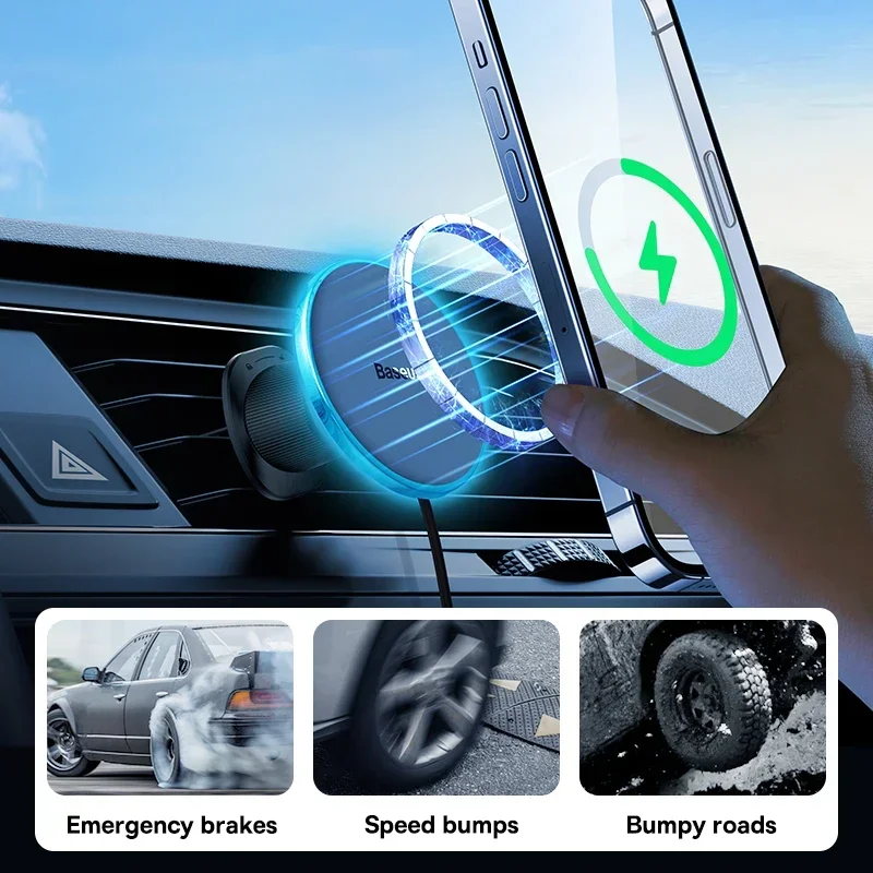 Baseus Magnetic Wireless Charger Car Phone Holder 15W Fast Charging Wireless Car Charger Holder For iPhone 16 15 14 13 Car Mount