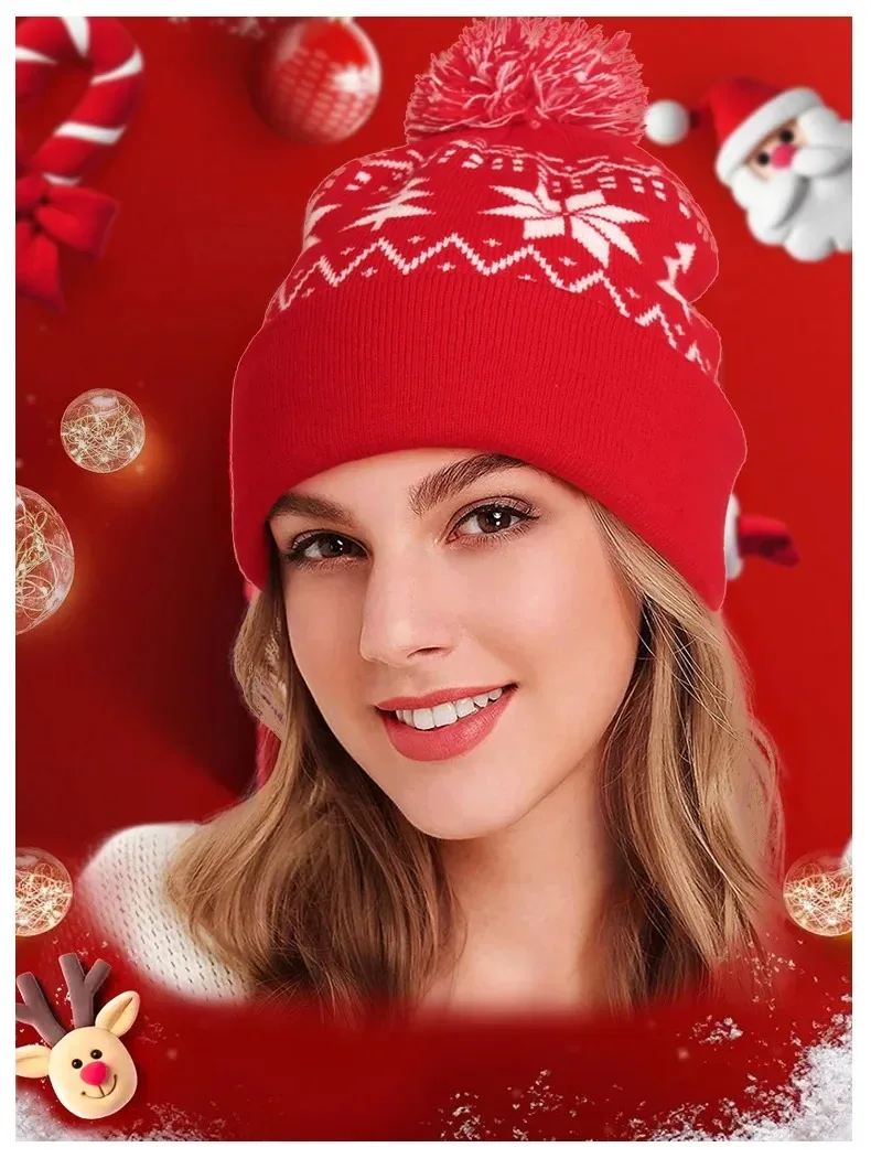 2025Hot Sale Jacquard Christmas Hat Hairball Ruffled New Year's Gift Winter Warm Cover Knitted Hat
