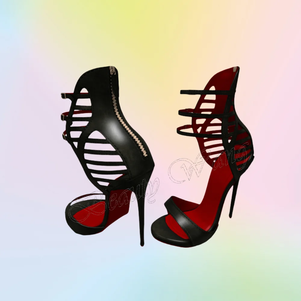 

Black Red Hollow Band Sandals Zipper Sexy Shoes Cover Toe Strange Heel High Heel Shoes for Women Shoes 2024 Zapatos Para Mujere
