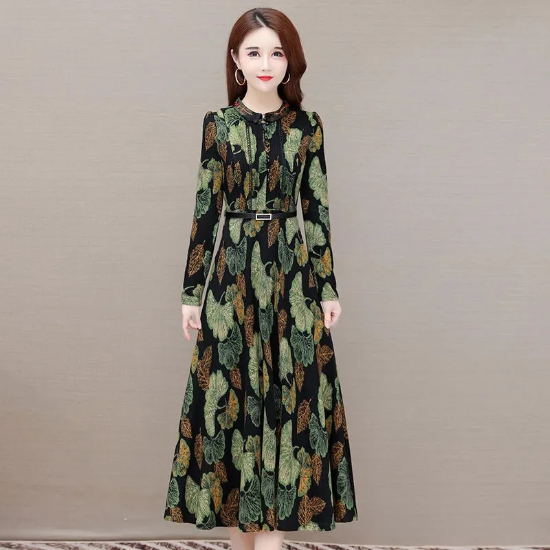 

Female Temperament Autumn Winter Long Floral Dress With Long Sleeves High-end Women's Elegant And Fashionable A-line Skirt