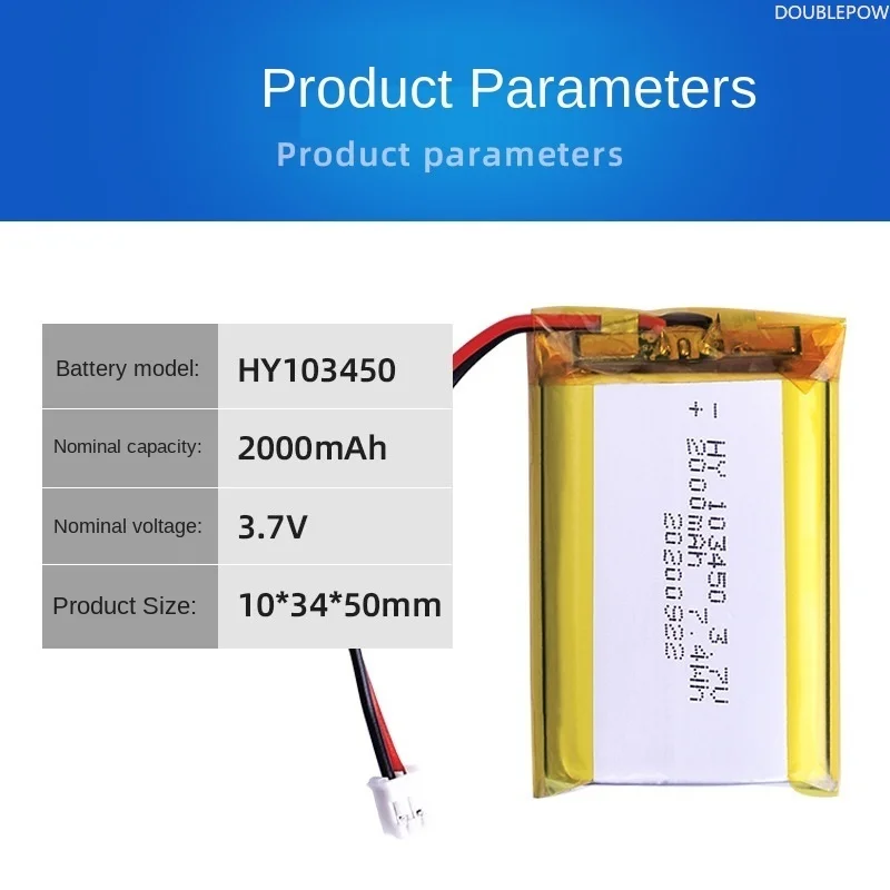 100% prawdziwa pojemność 3,7 V 103450   Akumulator litowo-polimerowy o pojemności 2000 mAh, do aparatów fotograficznych, GPS, głośników Bluetooth,