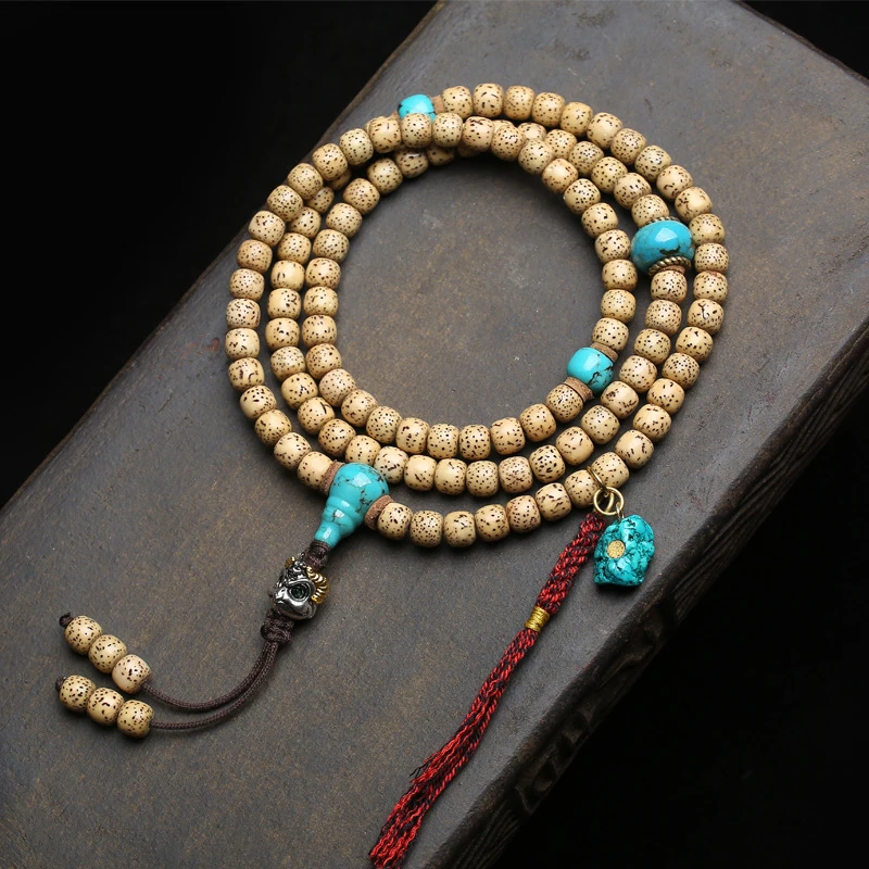 Hainan Old Material-Moon Bodhi 108 Bead Buddhist Necklace with Tibetan Silver, Magnesite, Glass, and Red Agate Acc