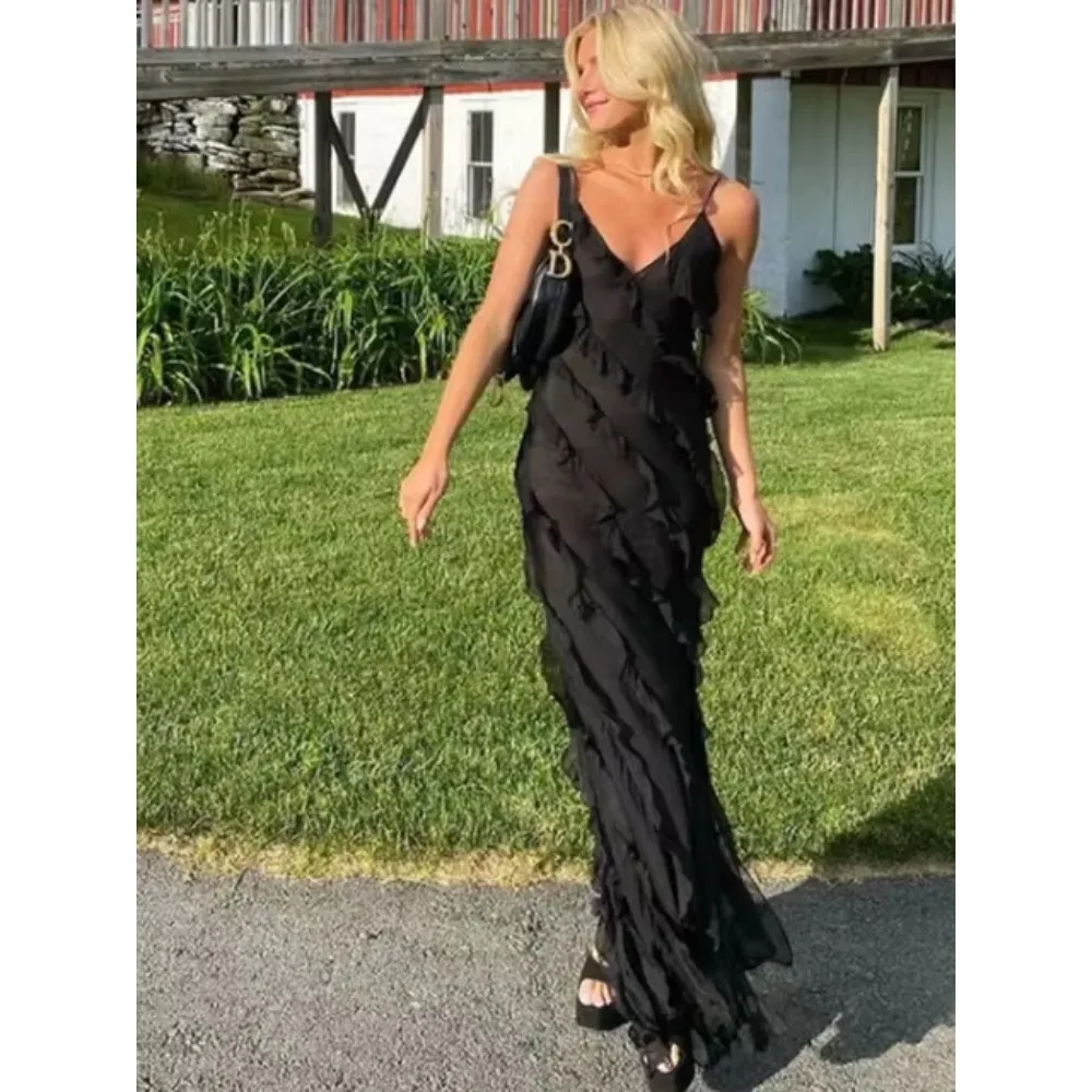 2025 موضة خارج على الكتف الخامس الرقبة فستان طويل المرأة الصيف الكشكشة المتتالية مثير عارية الذراعين أكمام شق شق فستان طويل