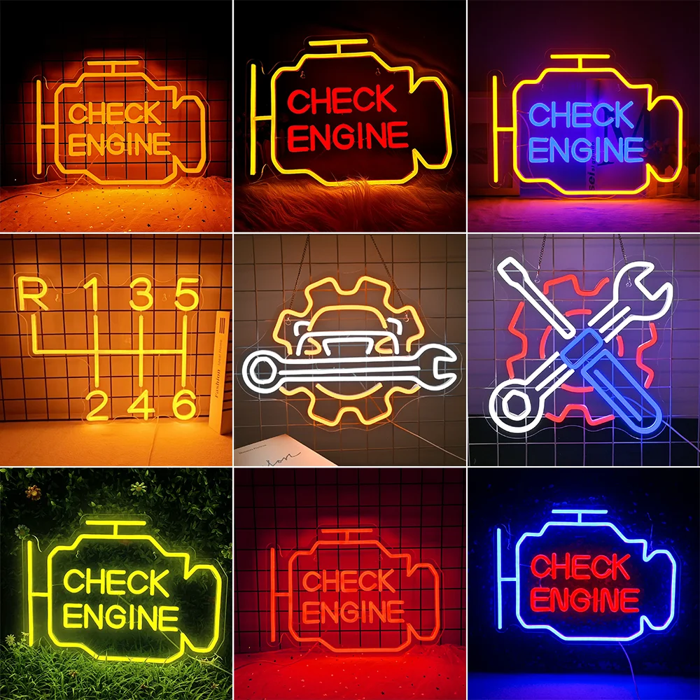 Check Motor Neon Bord Led Auto Kamer Garage Auto Reparatie Winkel Thuis Usb Schakelaar Bar Sfeer Studio Muur Decor Cadeau Lamp