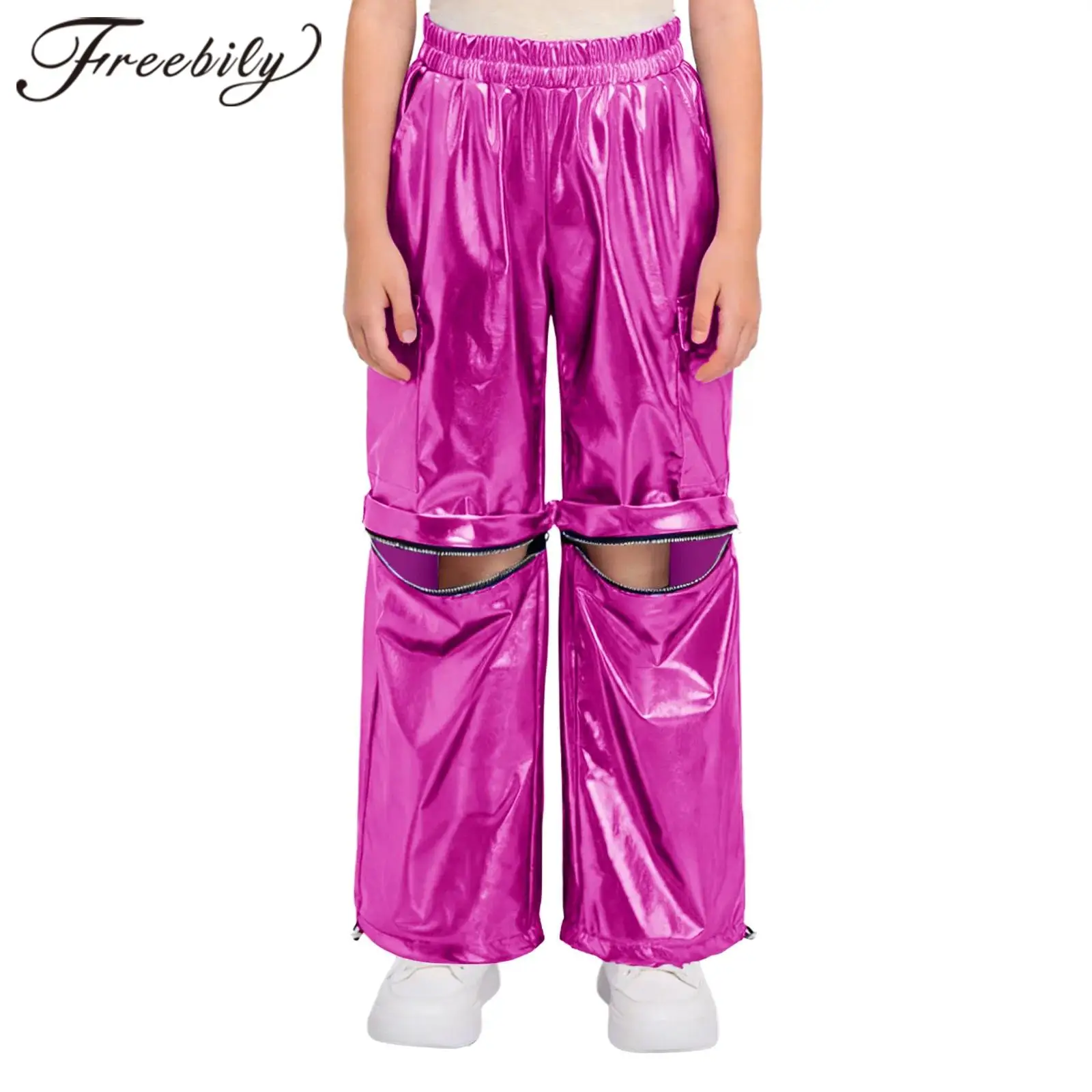 

Kids Boys Girls Zip-Off Metallic Cargo Pants Elastic Waist Trousers Fashion Children Jazz Dance Costume Teens Hip-Hop Pants