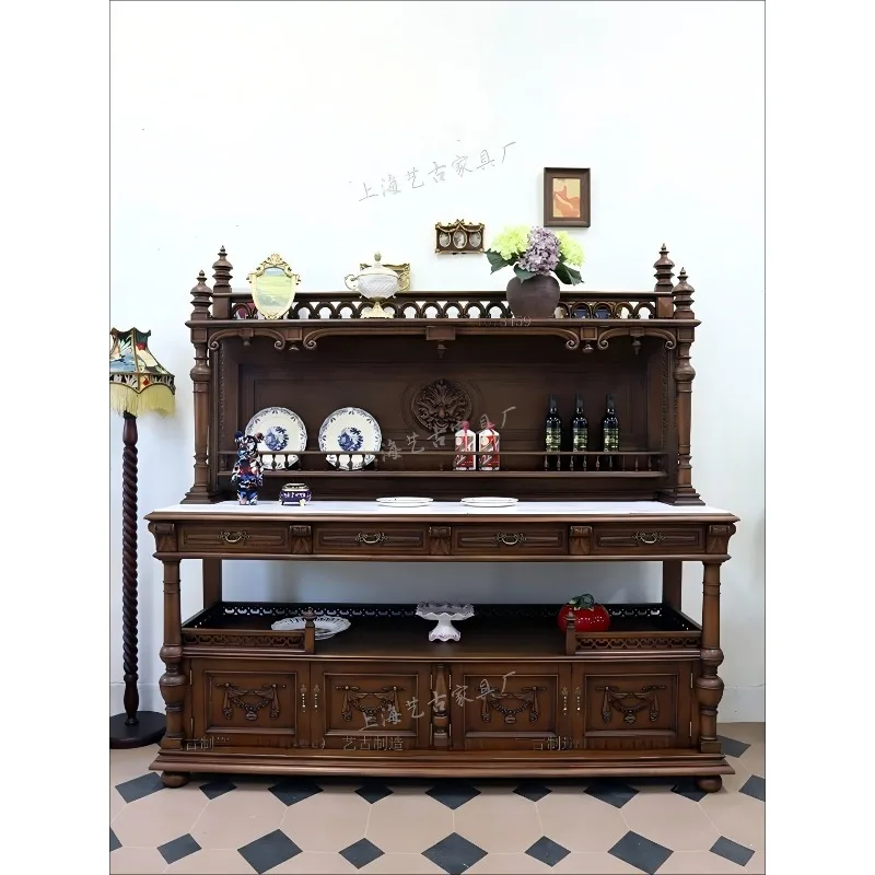 Mueble auxiliar de restaurante de madera maciza con sistema de espiga y mortaja, estilo medieval occidental francés europeo, mueble para vinos retro estilo París antiguo, mueble para bar de agua.