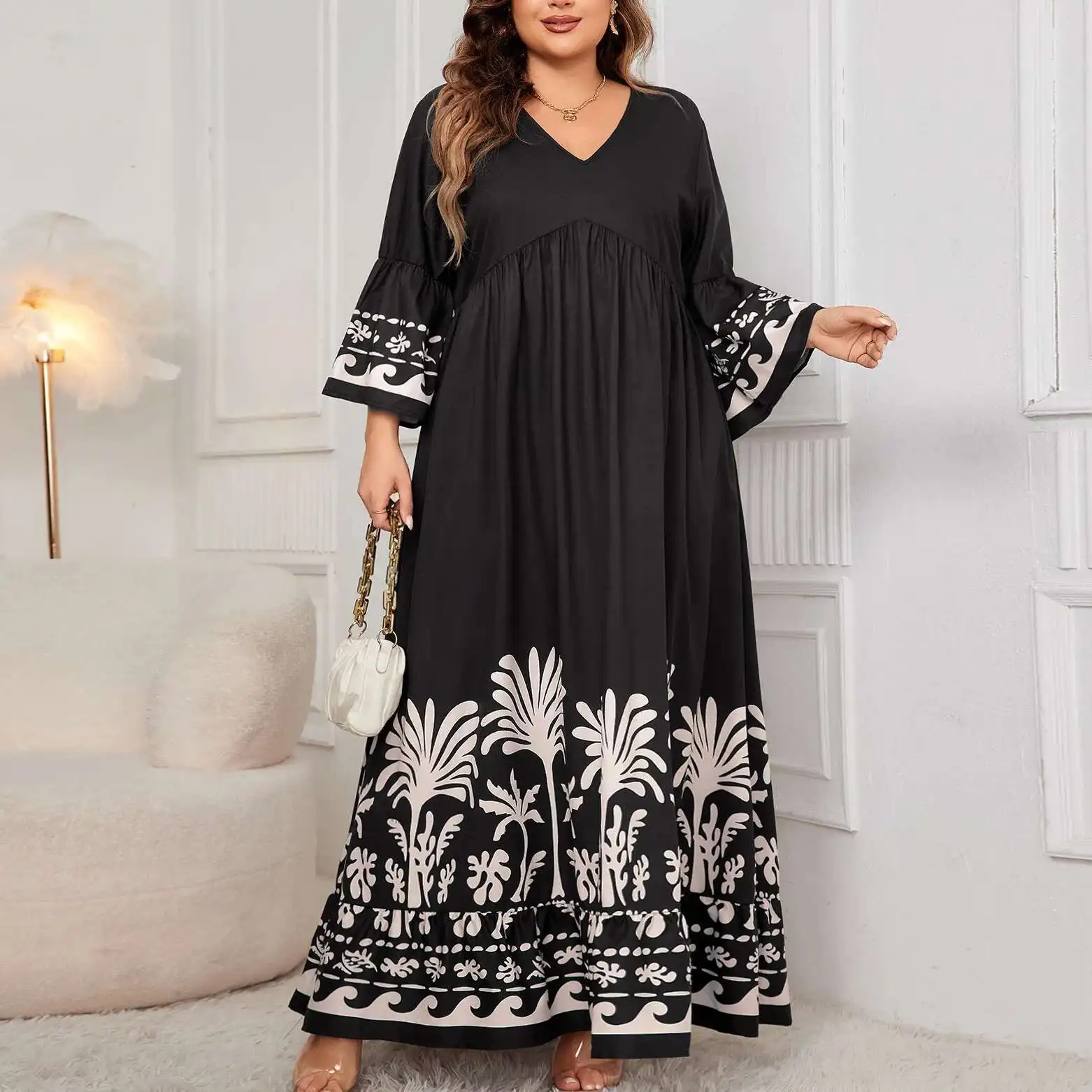 Sleeve New Flared Loose Dress Elegant Style V-neck Printed Long Dress for Women Shiny 2025 Party Summer Elegantes Casual Y2k