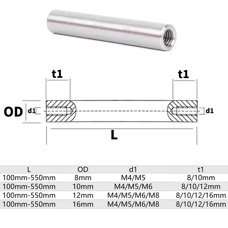 Eje lineal de 2 piezas OD8/10/12/16/mm de longitud 100-550mm con dos extremos de agujero de rosca M4/M5/M6, profundidad de 8-16mm, eje de varilla endurecida cromada