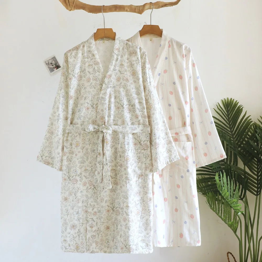 Thin Kimono Bathrobe Cotton Gauze Sleeping Robe for Women New Spring Autumn Long Sleeved Sleepwear Soft Home Wear Loungewear