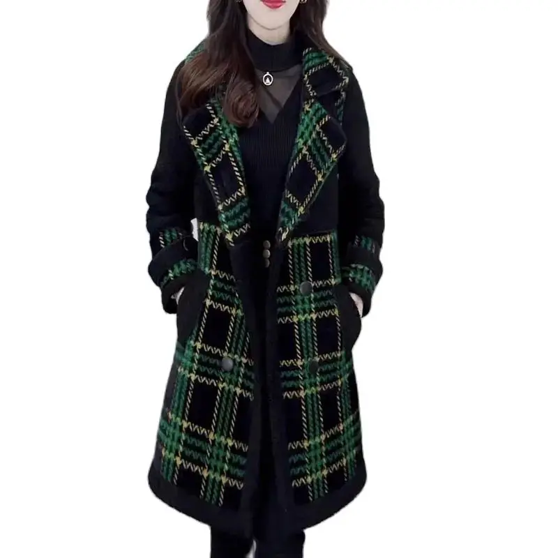 

Add Velvet Thickening Plaid Woolen Coat Femme 2023 New Autumn Winter Length Lamb plush Woolen Outerwear Windbreaker High-End