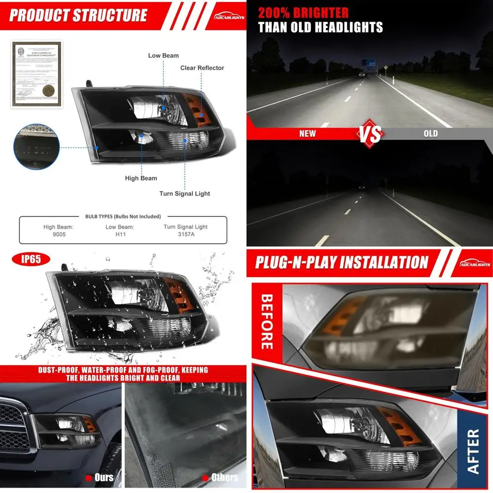 

Для Dodge Ram 2009-2018 фара в сборе, совместимая с Ram 1500 2009-2018 Ram 2500 3500 черный корпус Янтарный отражатель