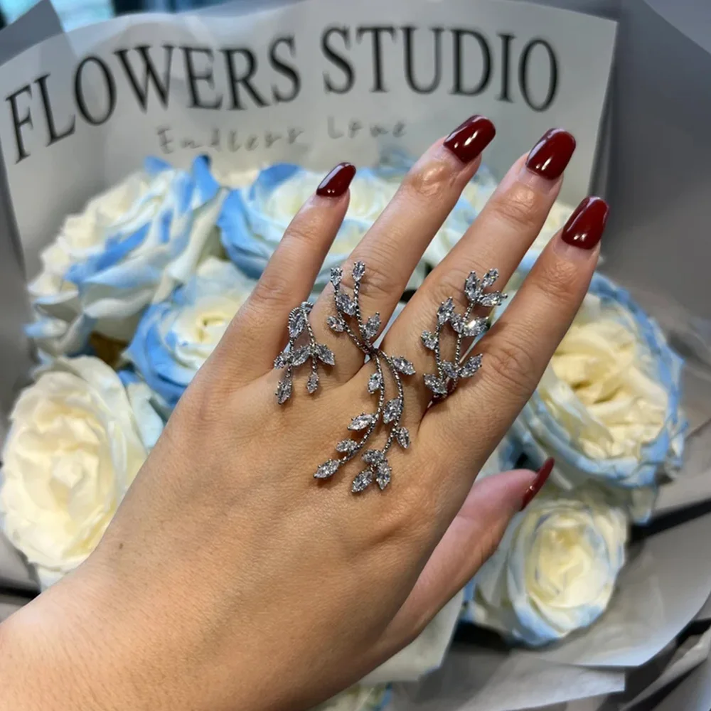 XSBODY Leaf Finger Ring Charm for Women Decoration Adjustable Cubic Zircon Wedding Accessories Bride Hand Jewelry Party Gift