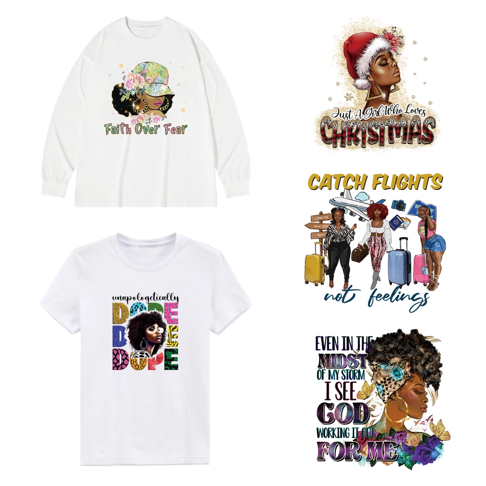 

Custom DTF Heat transfers for Tshirts DIY Fashion Lady Black Girl Iron-On Stickers For Garment Ready to Press Clothing Stickers