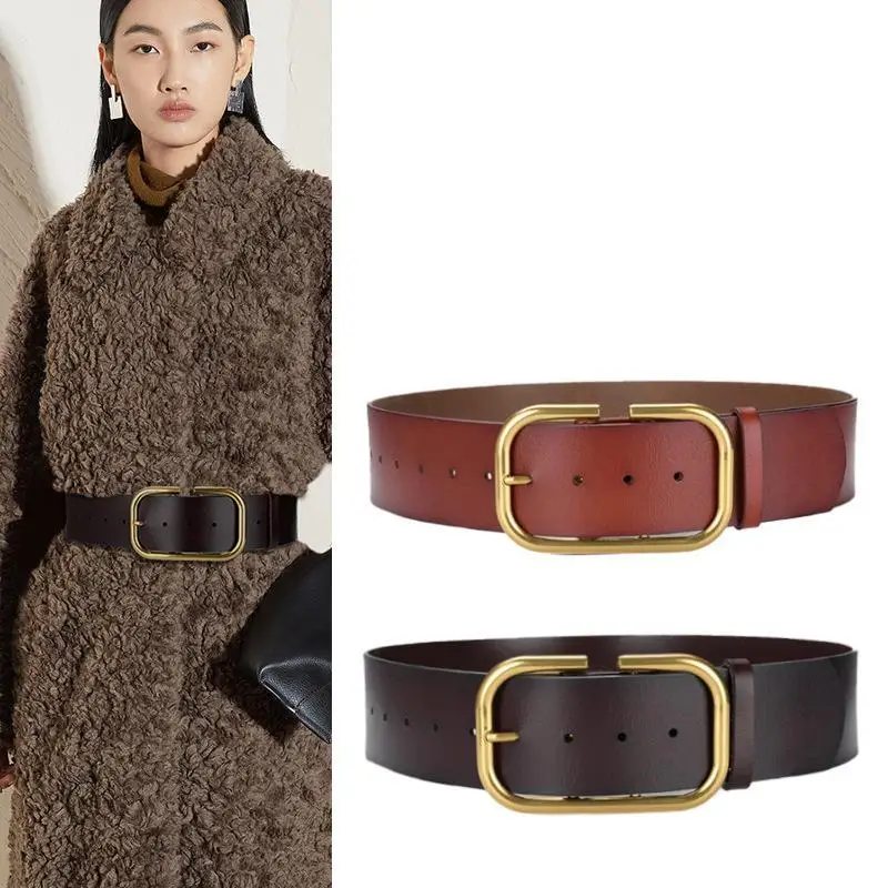 Wide 5.8cm Women's Vintage Gold Copper Pin Square Buckle Casual Fashionable Female Wide Belts For Women Luxury Brand