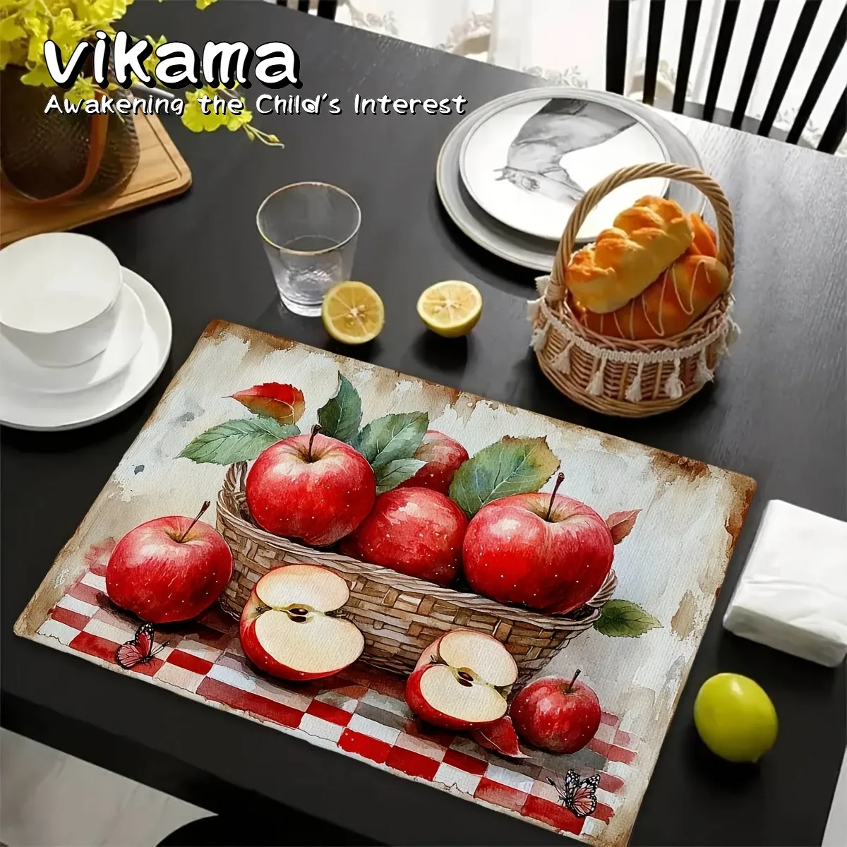 VIKAMA 4er-Pack rote Apfel-Aquarell-Tischsets – waschbare, rutschfeste Küchentischsets, geeignet für Arbeitsplatten, rustikales Dekor