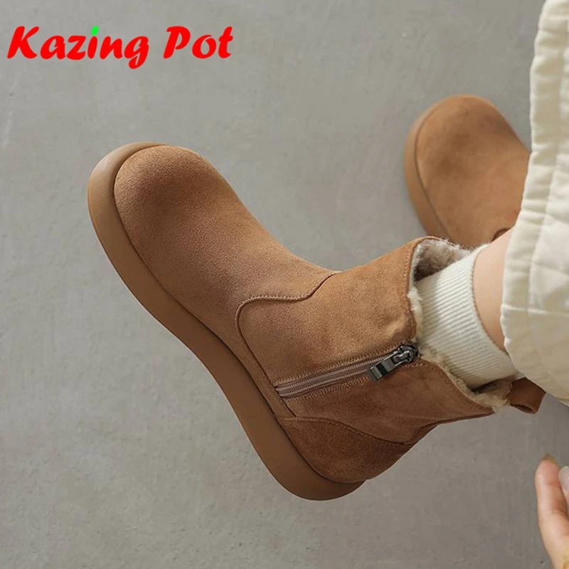 Krazing Pot Flock Fashion Round Toe Flat Platform Zipper Snow Boots Keep Warm Size 43 Winter Non-slip Leisure Shoes Ankle Boots