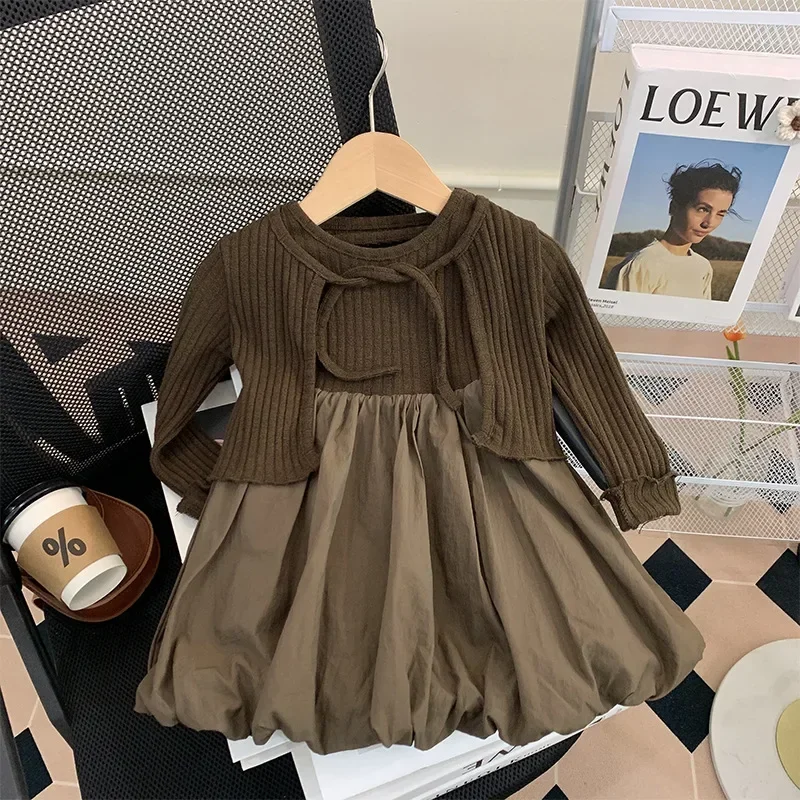 Dress Spring Autumn Girl Baby Children Personality Tide Korean Fashionable Cardigan Vest Flower Bud Causal 2024 Solid