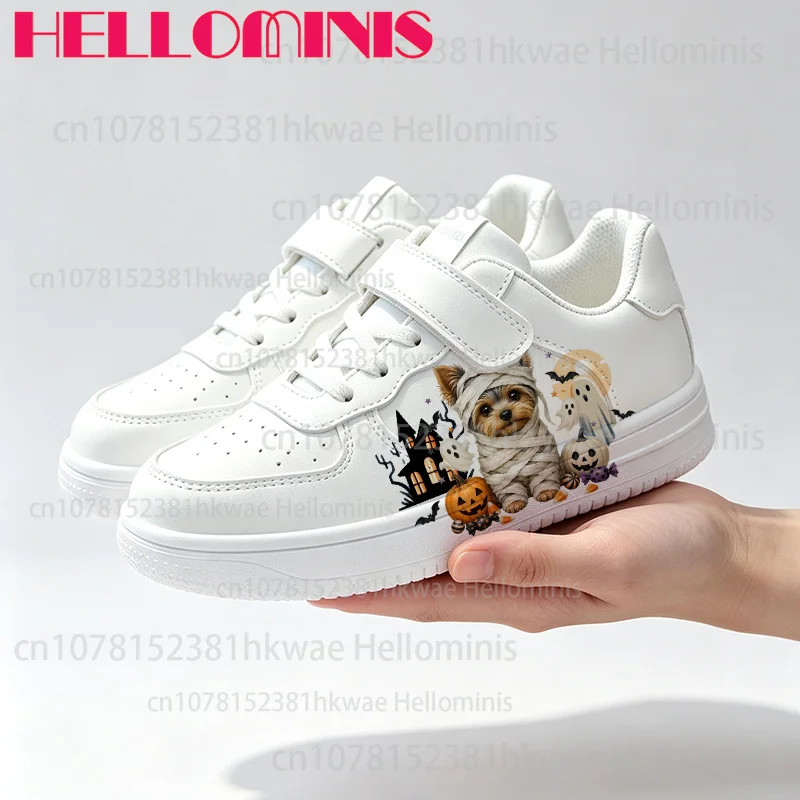 Puppy Pattern Sneakers Magic Tape Design Pumpkin Ghost Decor Kids Casual Shoes Boys Girls Halloween Walking Sneakers