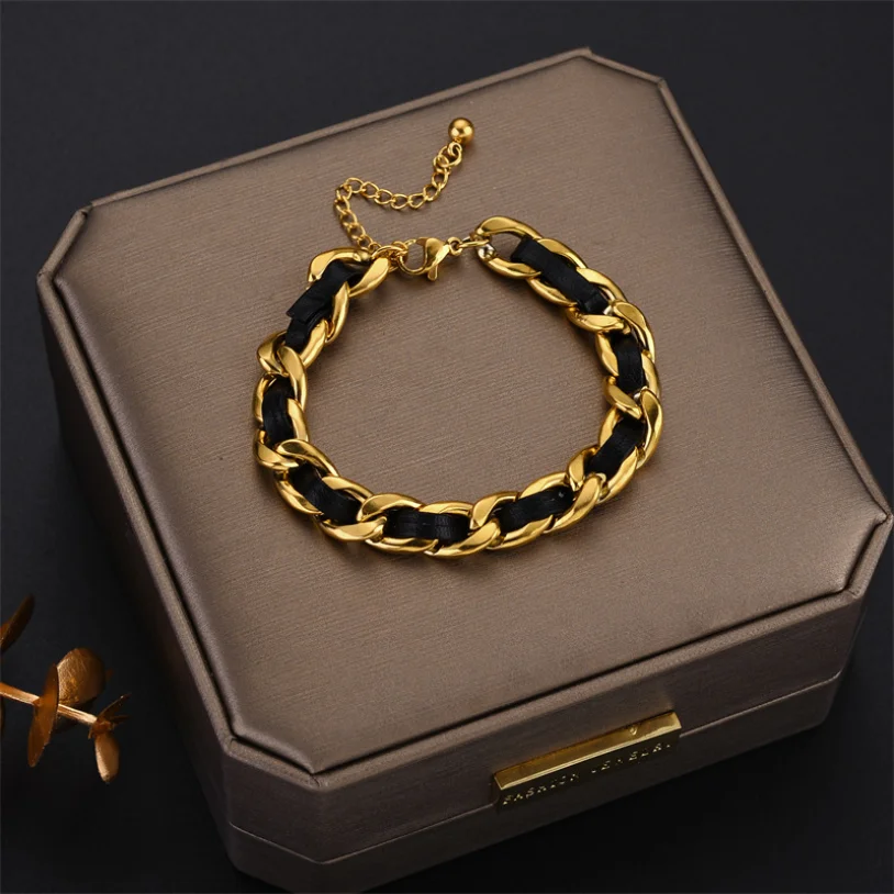 316L Stainless Steel New Fashion Upscale Jewelry Minimalism Interweave  Leather Charm Thick Chain Bracelets Bangles For Women