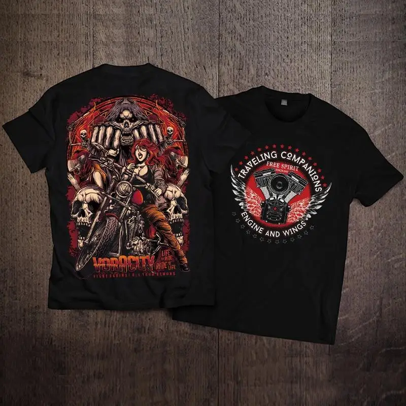 

American Retro Motorcycle Short-sleeved T-shirt Locomotive Ami Kaji Trend Skull Vintage Men's High Street Casual Cycling Top