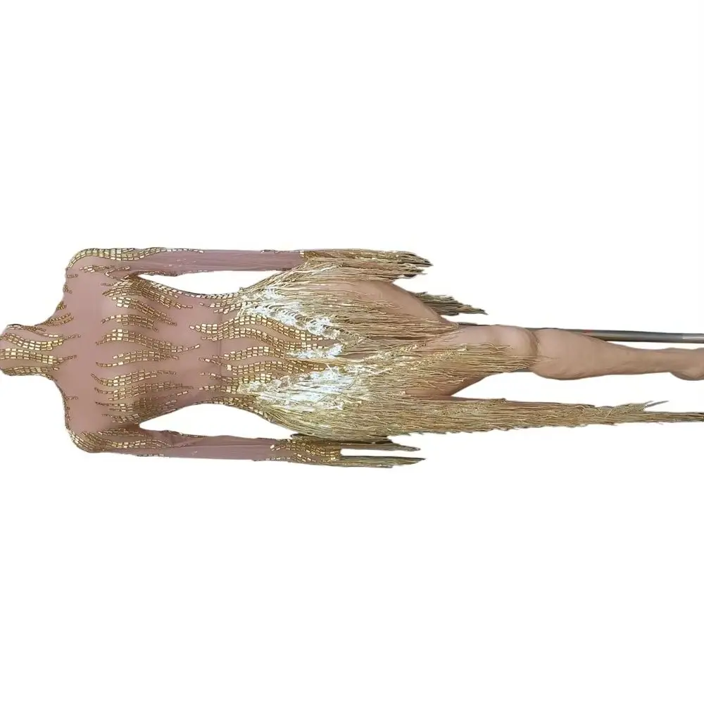 

Сексуальный прозрачный танцевальный костюм для выступлений, сценическая одежда, блестящие золотые стразы, бахрома, вечернее платье для празднования дня рождения