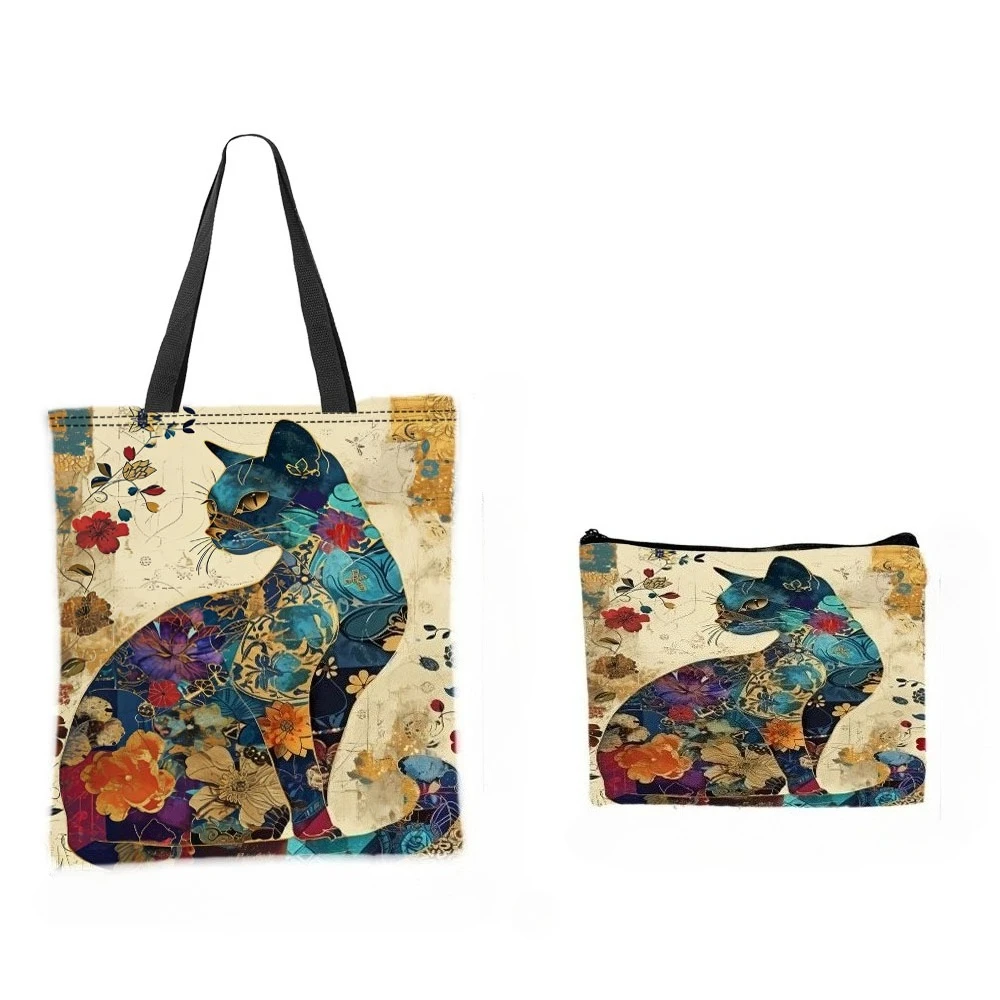 Schicke Retro-Blumen-Katze-Einkaufstasche, ethnischer Stil, Make-up-Tasche, Aufbewahrung, lässiges Einkaufen, Umhängetaschen, Damen-Handtasche, Kulturbeutel – Detail 2