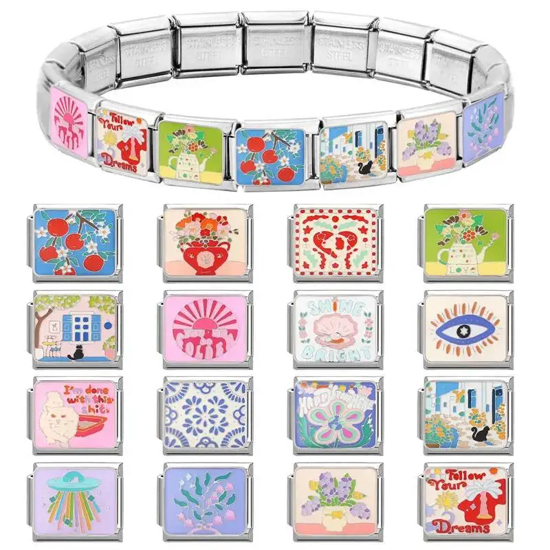 2026 Colorful Flower Eyes Shell Cat Italian Charm Link Fit 9Mm Stainless Steel Module Women's Bracelet DIY Making Jewelry Gifts