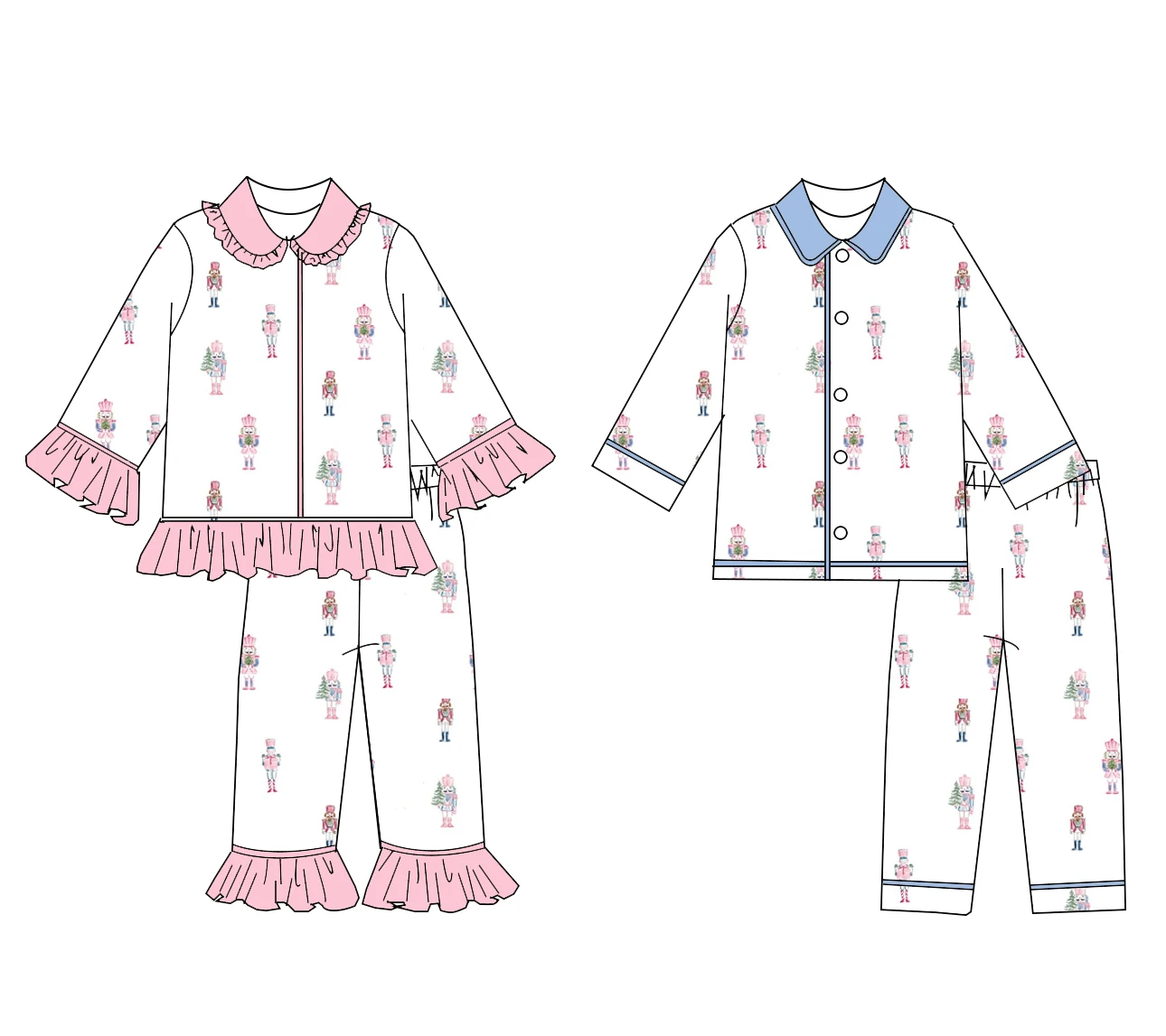 Christmas Latest Design Autumn New Pajamas Girls Pink Boys Blue Lapel Long Sleeve Trousers Boutique Suit