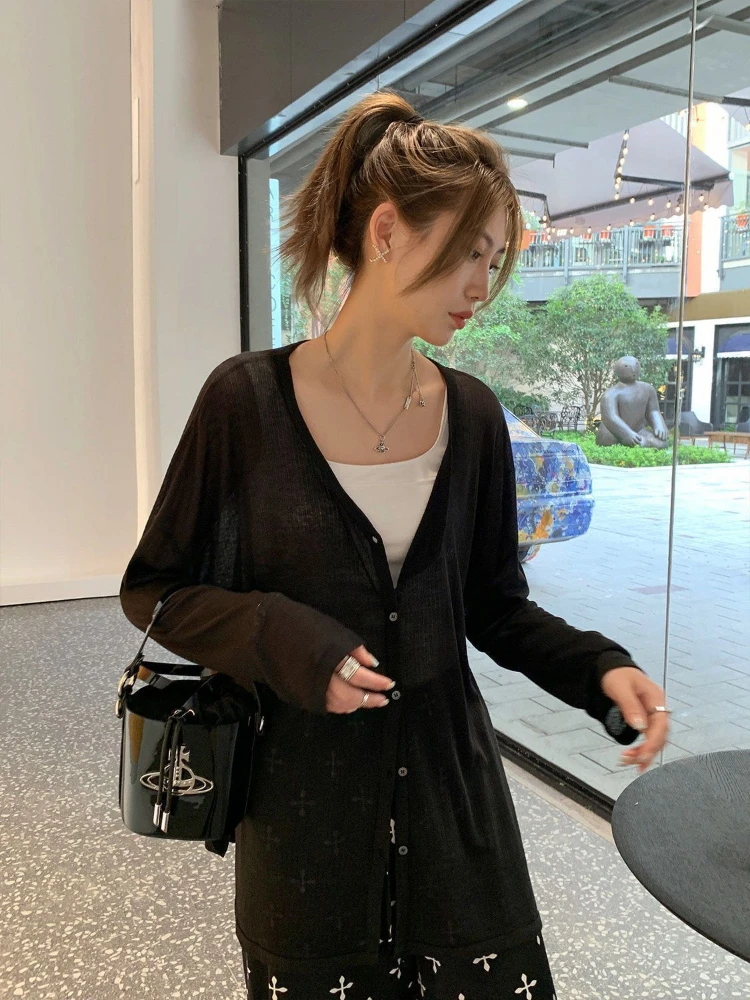 Solid V-neck Shirt Women Spring Single Breasted Chiffon Loose Slim All-match Sun Protection Thin Breathable Fashion Slim Cozy