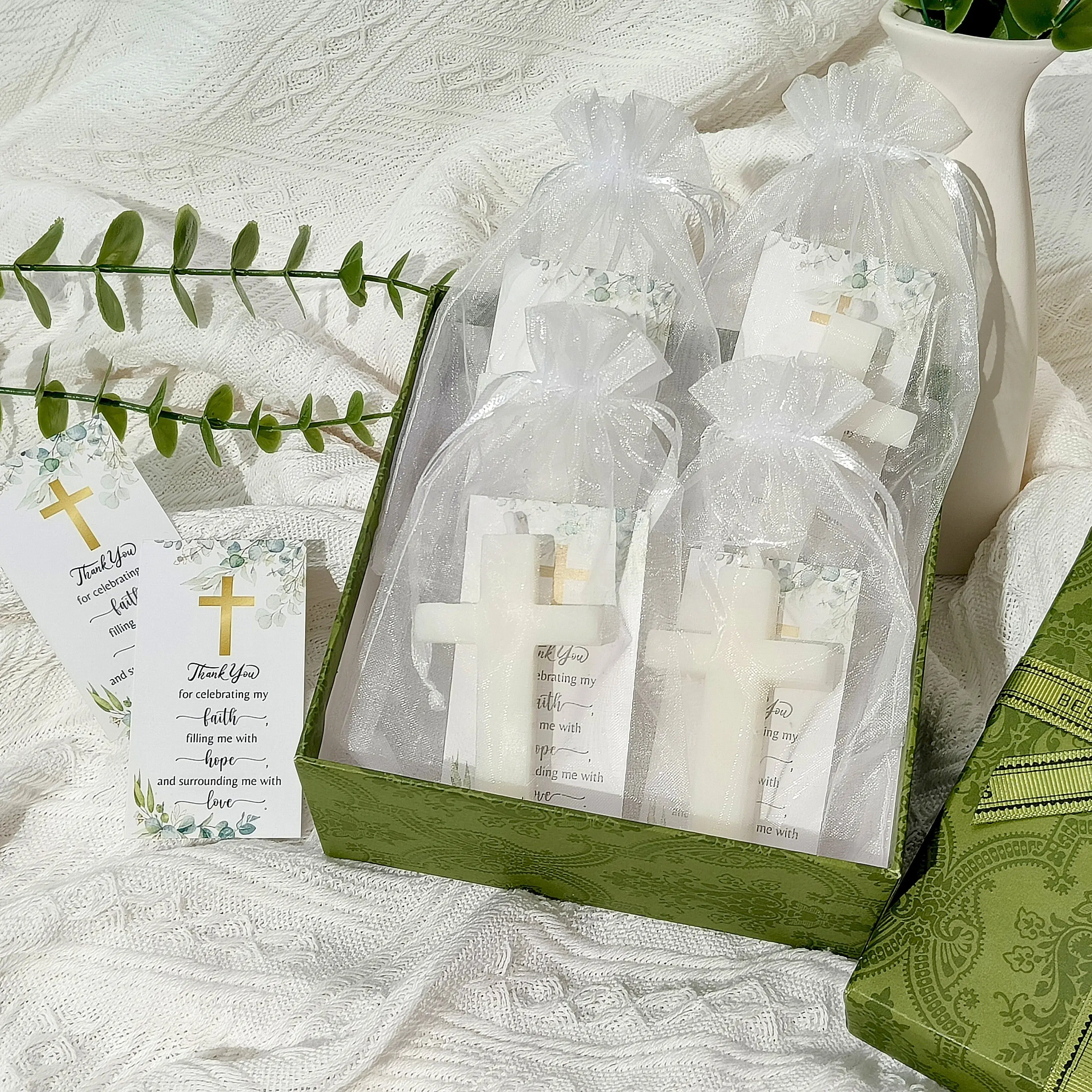 10 Sets kreuzförmige Taufkerzen mit Dankeskarten, Babyparty-Dekoration für Erstkommunion, Kirchenveranstaltungen, Geschenk auf Glaube
