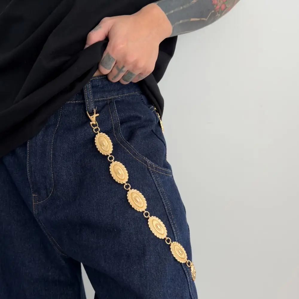 أزياء الجينز سلسلة جولة القرص الخصر سلسلة القوطية سبائك الزنك الشرير حزام سلسلة حقيبة سلسلة الخرز السراويل سلسلة الشارع