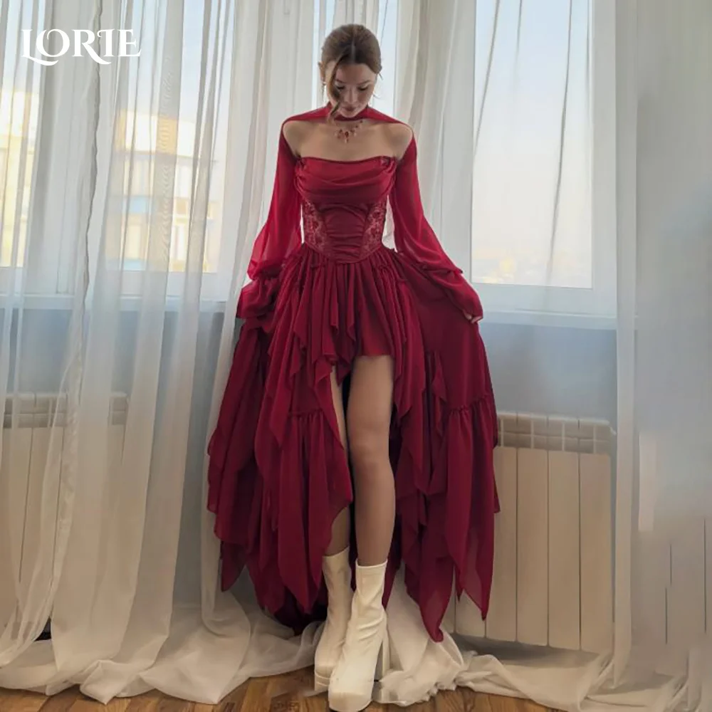 

LORIE Modern Ruffle Lace Mini Party Gowns HI-LO Pleats A-Line Halter Puff Sleeve Formal Dresses Lace Customized Party Prom Dress