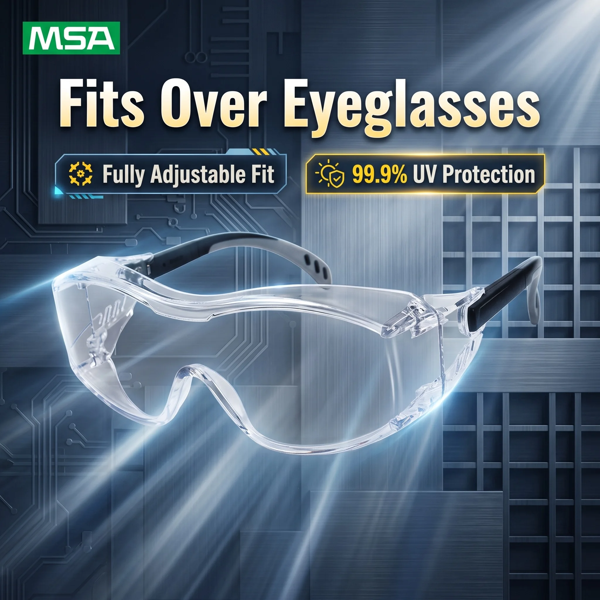 MSA Safety Glasses Over Eyeglasses Anti Fog Protective Goggles UV Protection Adjustable OTG Eye Shield Work Lab Spectacles