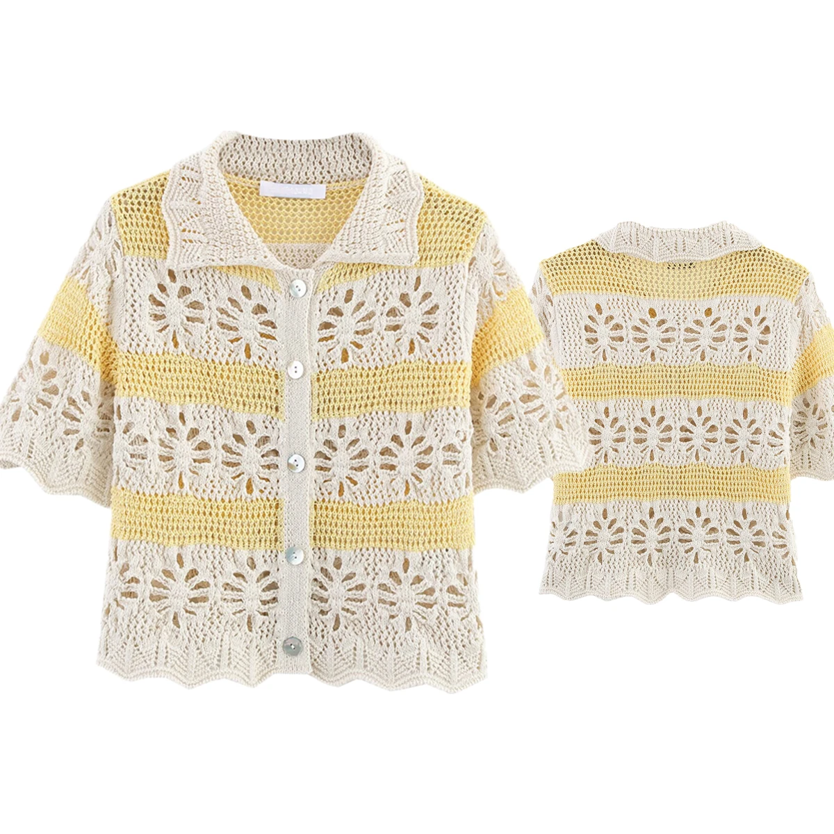 

Dave&Di Moroccan French Retro Contrasting Crochet Summer Shirt Hollow Jacquard Knitted Shirt Short Sleeved T-shirt Women Top